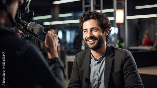 Happy man being interviewed on camera.