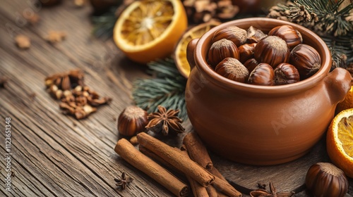 Wallpaper Mural Rustic setup with roasted chestnuts in a clay pot, surrounded by cinnamon sticks and dried orange slices Torontodigital.ca