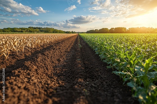 The contrast between flourishing farmlands and parched, lifeless crops illustrates the effects of drought and climate change. photo