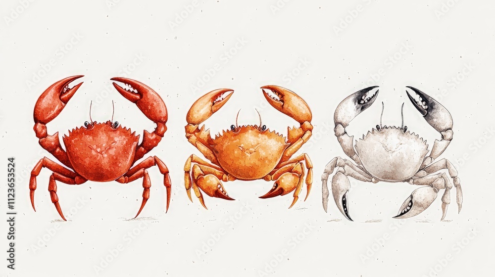 custom made wallpaper toronto digitalThree watercolor illustrations of crabs in red, orange, and white.