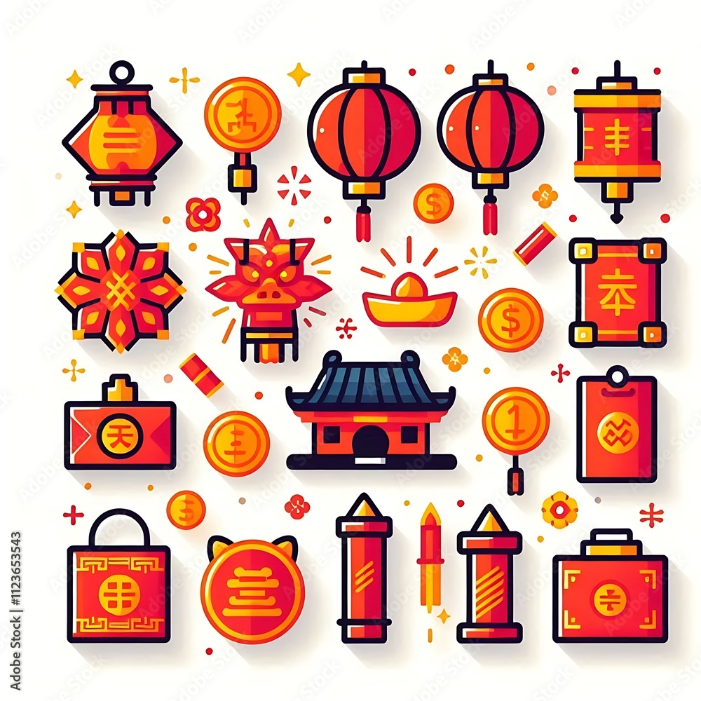 Fototapeta premium Colorful Illustration Of Chinese New Year Festive Symbols