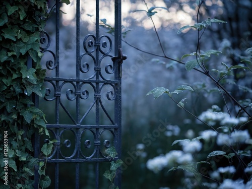 A mysterious twilight scene of a secret garden with a wrought iron gate entwined with ivy, soft flowers glistening with dew, and a serene, dreamlike atmosphere of quiet enchantment
