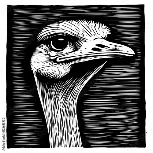 artistic ostrich head sketch in monochrome woodcut design – black vector photo