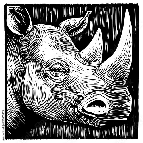 hand-drawn rhino portrait in woodcut engraving style – black vecto photo