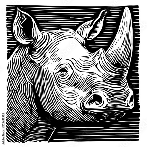 hand-drawn rhino portrait in woodcut engraving style – black vecto photo