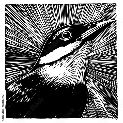 black and white bird portrait with radiating lines, vintage engraving style vector illustration