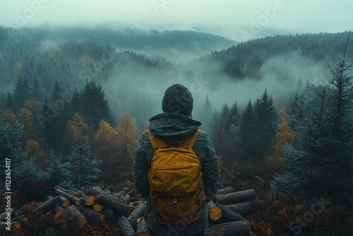 Exploring the misty forest with a yellow backpack at dawn photo