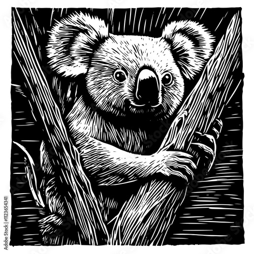 black and white illustration of a koala in engraving style