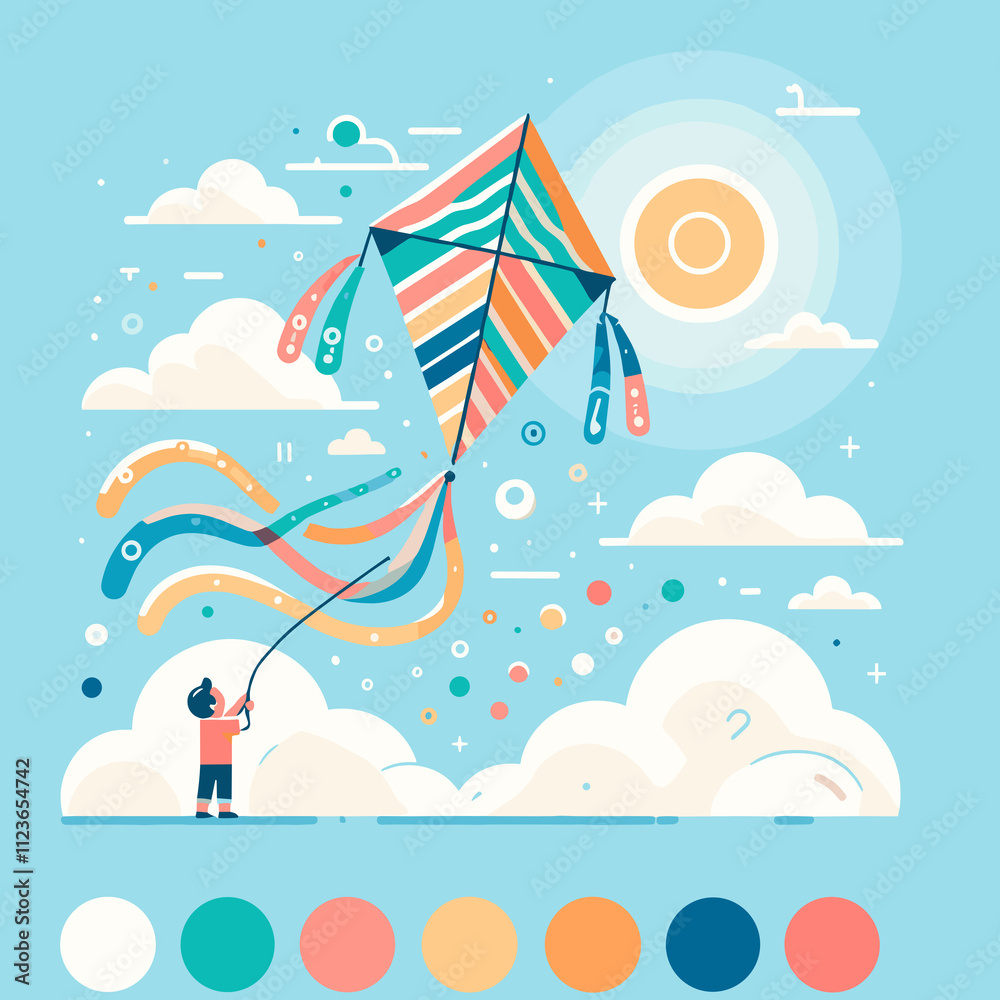 Obraz premium Childrens Flying kites Flat Vector Design