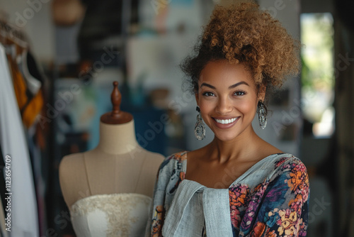 Smiling woman with curly hair posing near dress form photo