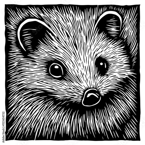 artistic hedgehog face in monochrome woodcut design – black vector