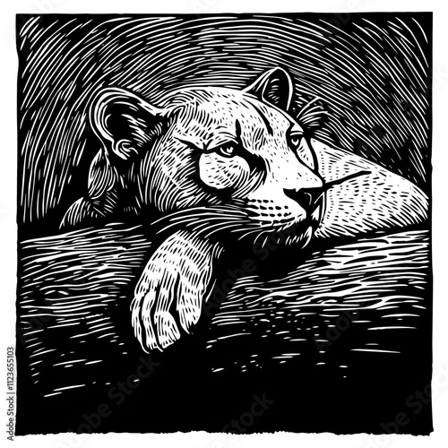 vintage woodcut illustration of a big cat with piercing eyes