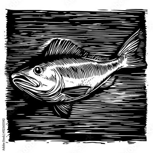 intricate black and white engraving of a fish