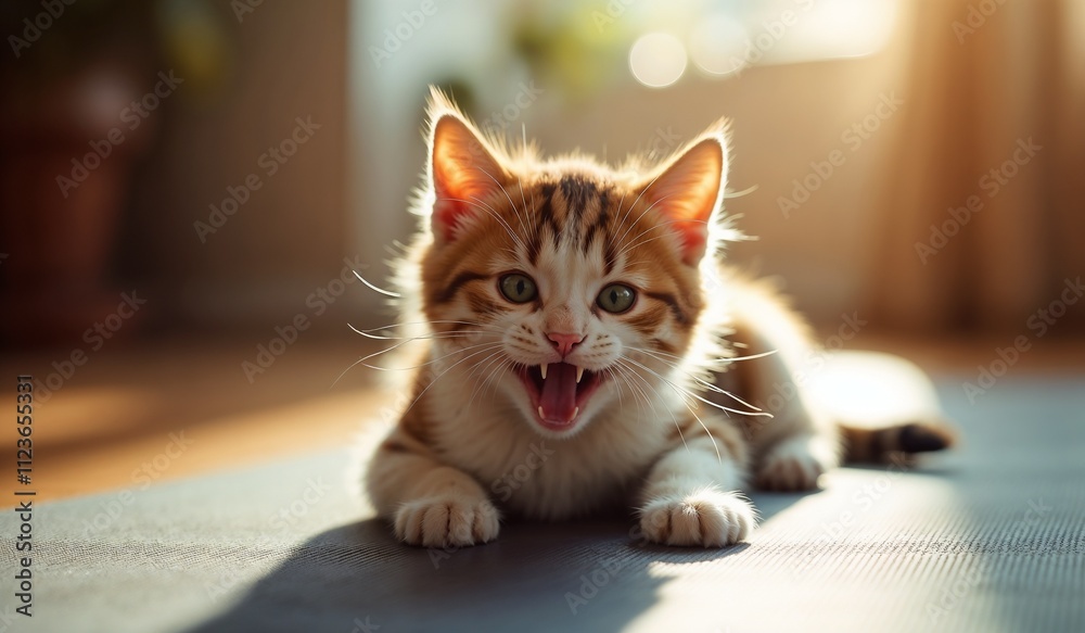 playful kitten on yoga mat with open mouth in sunny indoor setting playful kitten on yoga mat with open mouth in sunny indoor setting