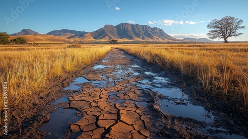 The dry terrain reveals the effects of drought, prompting contemplation on climate change.