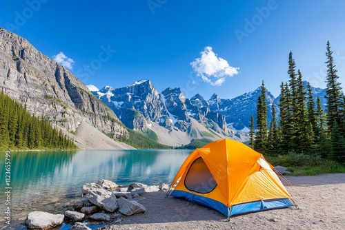 A perfect camping spot high in the mountains, featuring a tent set up in a summer meadow. Created with generative AI. Camping tent on a mountain meadow at sunset, rendered in 3D.