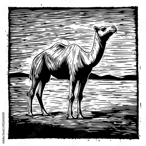 majestic camel standing in a desert landscape, black and white engraving