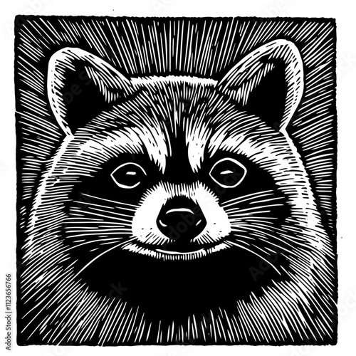realistic raccoon sketch with woodcut texture vector