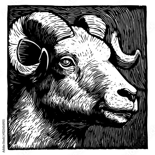 and-drawn ram illustration with bold textured linocut lines