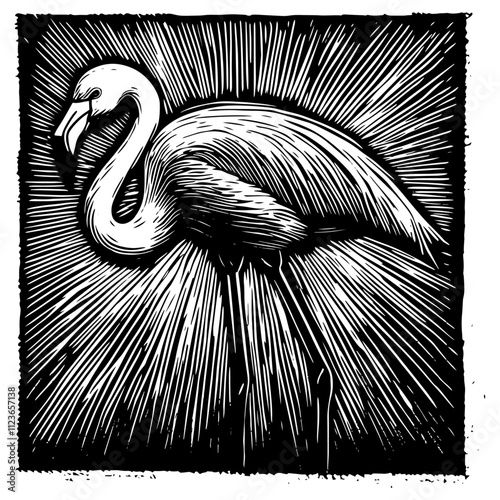 vintage flamingo drawing with textured feathers and bold rays