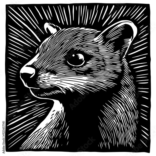 hand-drawn portrait of a meerkat in woodcut style, monochrome art