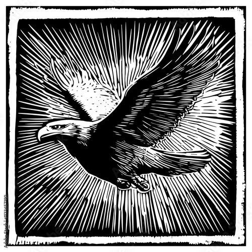 majestic flying eagle with bold line art and dynamic rays, monochrome