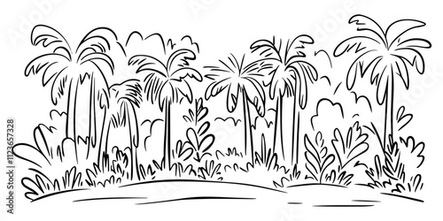 hand-drawn tropical forest with palm trees – black vector