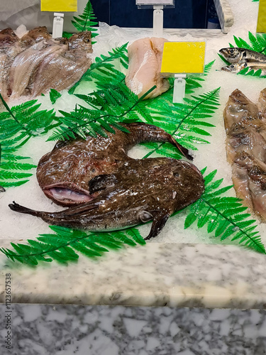 Seafood on display in a fish market in Barcelona, Spain