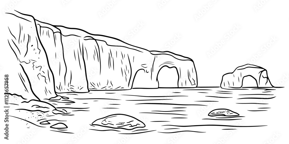 Obraz premium scenic shoreline sketch with cliffs, water arches, and gentle waves in black and white