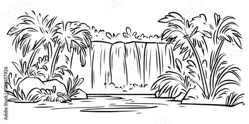 hand-drawn tropical waterfall surrounded by lush foliage – black vector