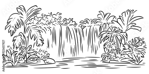 hand-drawn tropical waterfall surrounded by lush foliage – black vector