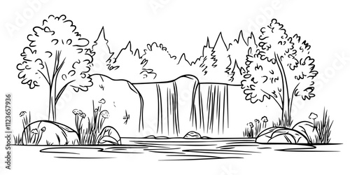 hand-drawn tropical waterfall surrounded by lush foliage – black vector