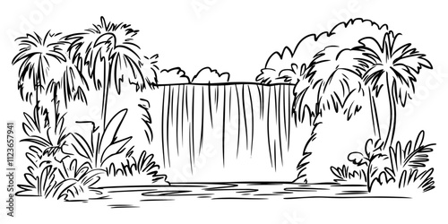 hand-drawn tropical waterfall surrounded by lush foliage – black vector