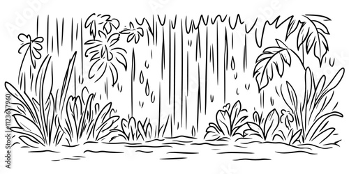 hand-drawn tropical waterfall surrounded by lush foliage – black vector