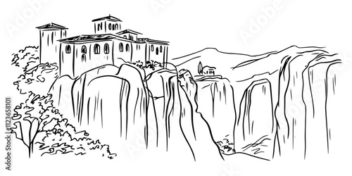 artistic drawing of a mountain monastery with dramatic rock formations