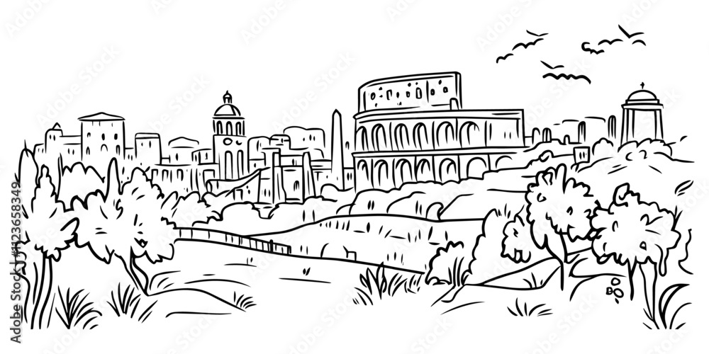 Obraz premium decorative black vector of colosseum and park landscape
