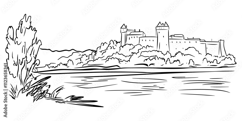 Fototapeta premium scenic medieval castle and countryside in black vector