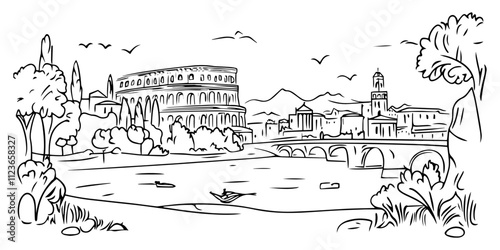 decorative black vector of colosseum and park landscape