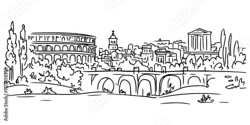 hand-drawn cityscape of rome with colosseum and bridge vector