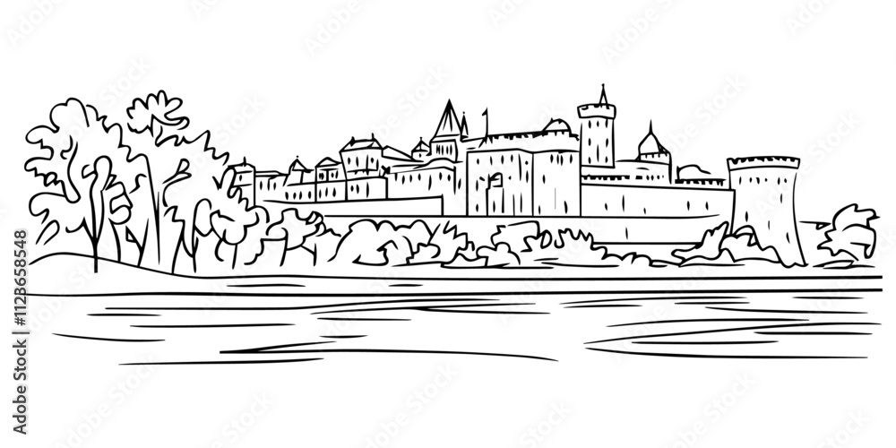 artistic sketch of a historic city skyline in minimalist style – black vector artistic sketch of a historic city skyline in minimalist style – black vector