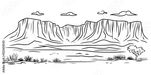 hand-drawn desert landscape with mountains and trees – black vector