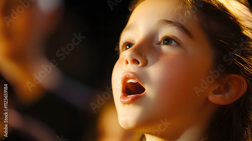 A dramatic close-up of a young soloist singing “Ave Maria” during the choirs Christmas concert.