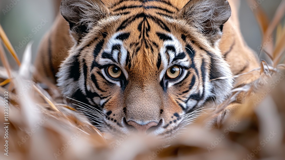 Fototapeta premium An intimate shot of a tiger in its natural habitat, underscoring the critical role of conservation efforts.