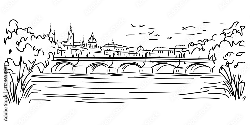 Fototapeta premium detailed drawing of european architecture and river – black vector