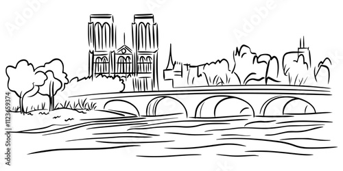 parisian cityscape illustration with river and architecture vector