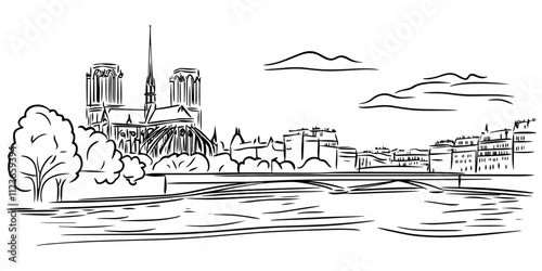 parisian cityscape illustration with river and architecture vector