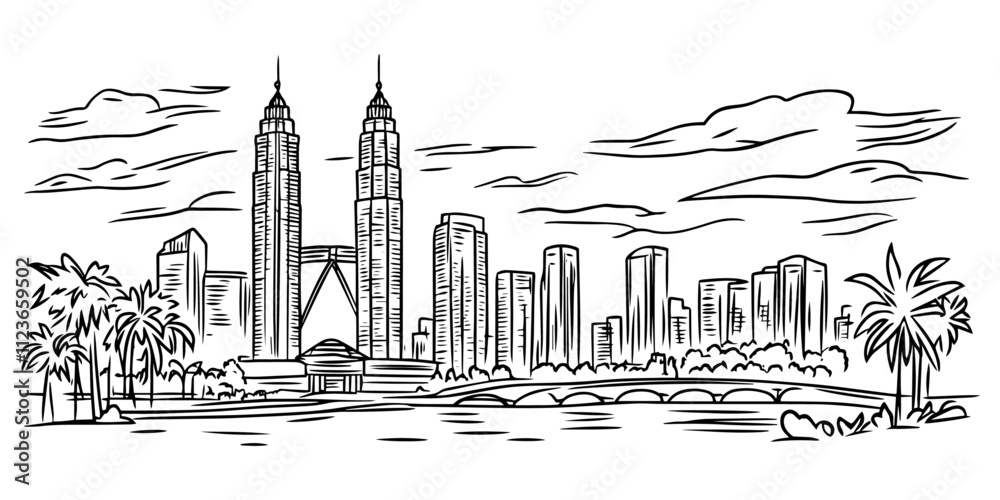 Fototapeta premium hand-drawn kuala lumpur city skyline with petronas towers – black vector