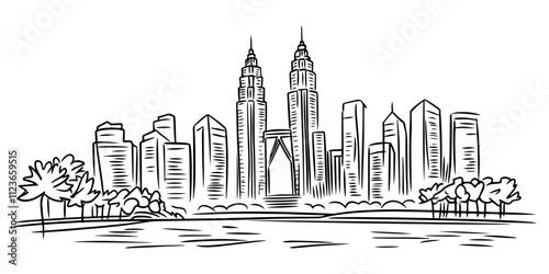 hand-drawn kuala lumpur city skyline with petronas towers – black vector