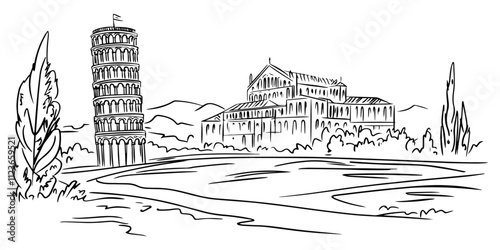 hand-drawn leaning tower of pisa with cathedral – black vector