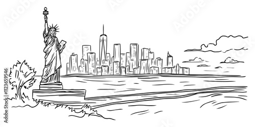 line art illustration of iconic new york landmarks – black vector